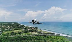 The EHang 216 takes part in an autonomous flight over the island of Bali in Indonesia in 2021.