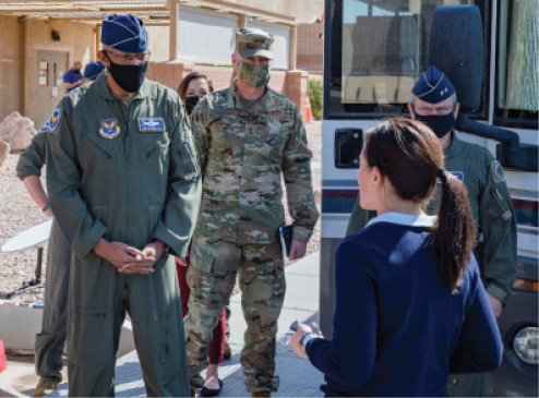 Air Force Chief of Staff Gen. Charles Q. Brown, Jr. is briefed on 5G capabilities by members of the U.S. Air Force Warfare Center at Nellis Air Force Base, Nev., 4 March 2021.