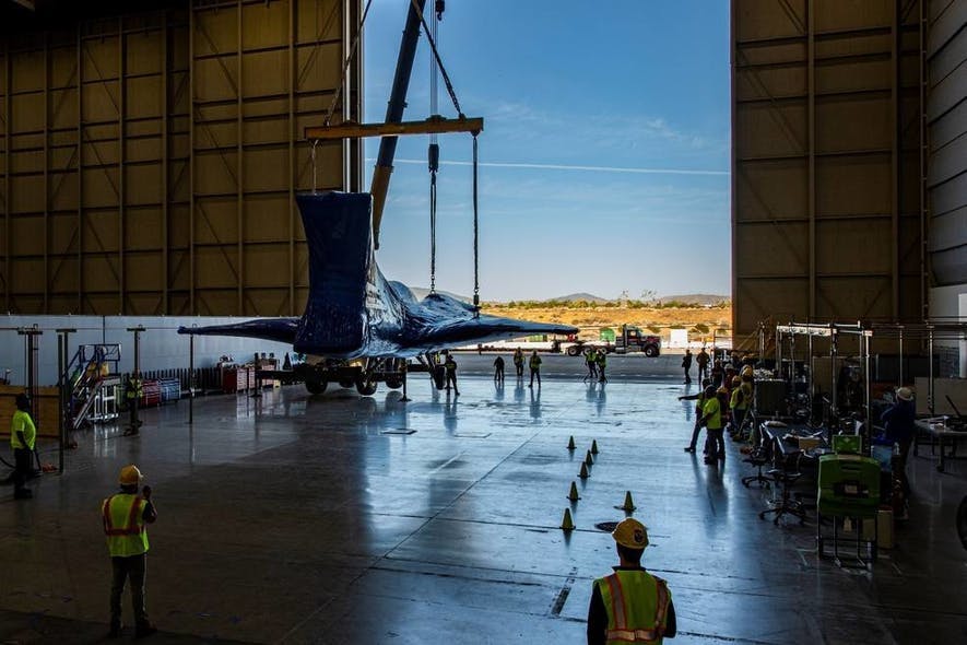 The X-59 is lowered to the ground at Lockheed Martin&rsquo;s Skunk Works facility in Palmdale, California last month following a crane operation to remove it from the back of its transport.
