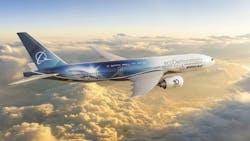 The Boeing 2022 ecoDemonstrator will test 30 technologies to enhance safety and sustainability. Shown here, an image of the airplane &ndash; a Boeing-owned 777-200 Extended Range.
