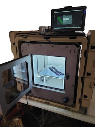 The Craitor 3D printer finishing a nylon print in a U.S. Marine Corps field exercise aboard the MCMWTC Bridgeport in the High-Sierra mountain range.