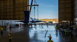 The X-59 is lowered to the ground at Lockheed Martin’s Skunk Works facility in Palmdale, California last month following a crane operation to remove it from the back of its transport.