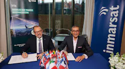 ESA Director General Josef Aschbacher, Inmarsat CEO Rajeev Suri and UK Space Agency CEO Paul Bate at the contract signing for the Iris program’s globalization.