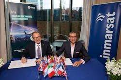 ESA Director General Josef Aschbacher, Inmarsat CEO Rajeev Suri and UK Space Agency CEO Paul Bate at the contract signing for the Iris program&rsquo;s globalization.