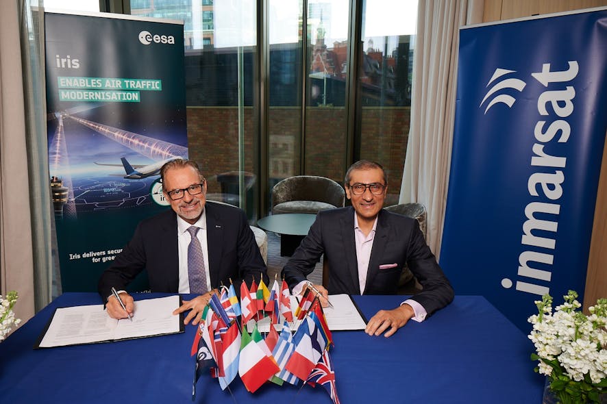 ESA Director General Josef Aschbacher, Inmarsat CEO Rajeev Suri and UK Space Agency CEO Paul Bate at the contract signing for the Iris program&rsquo;s globalization.