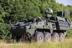 The Army evaluated a Directed Energy-Maneuver Short-Range Air Defense system, or DE M-SHORAD, aboard a Stryker combat vehicle in July 2021 at Fort Sill, Okla.