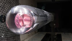 A directed energy (DE) system turret is positioned on a sting in the 4-foot transonic wind tunnel at Arnold Air Force Base for testing. A directed energy (DE) system turret is positioned on a sting in the 4-foot transonic wind tunnel at Arnold Air Force Base for testing.