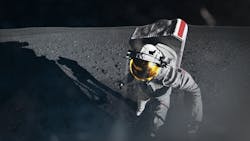 An image of an artist&apos;s illustration of an Artemis astronaut stepping from a Moon lander onto the lunar surface.