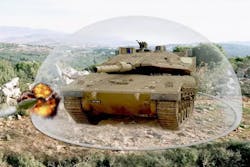 The Trophy system uses radar and computer processors to locate incoming anti-tank missiles and rocket-propelled grenades, and detonates the incoming munitions before hitting their targets. The Trophy system uses radar and computer processors to locate incoming anti-tank missiles and rocket-propelled grenades, and detonates the incoming munitions before hitting their targets.