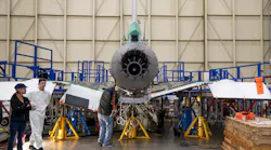A GE Aviation F414-GE-100 engine is installed in NASA’s quiet supersonic X-59 aircraft, at Lockheed Martin’s Skunk Works facility in Palmdale, California. The 13-foot-long engine packs 22,000 pounds of propulsion energy and will power the X-59 to speeds up to Mach 1.4. Installation of the engine marks a major milestone as the X-59 nears assembly completion, taxi tests, and first flight.
