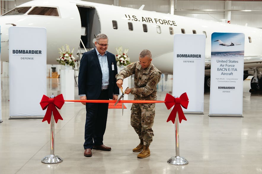 Ribbon cutting for the delivery of a modified Bombardier business jet for the U.S. Air Force Battlefield Airborne Communications Node (BACN) program based at Hanscom Air Force Base in Massachusetts in September.
