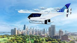This artist&apos;s rendering shows how a future United Airlines urban air mobility vehicle might look as it operates around urban areas.
