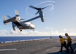 An MV-22 Osprey takes off from the amphibious assault ship USS Makin Island (LHD 8) during operations in the Pacific Ocean. Navy photo.