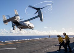 An MV-22 Osprey takes off from the amphibious assault ship USS Makin Island (LHD 8) during operations in the Pacific Ocean. Navy photo. An MV-22 Osprey takes off from the amphibious assault ship USS Makin Island (LHD 8) during operations in the Pacific Ocean. Navy photo.