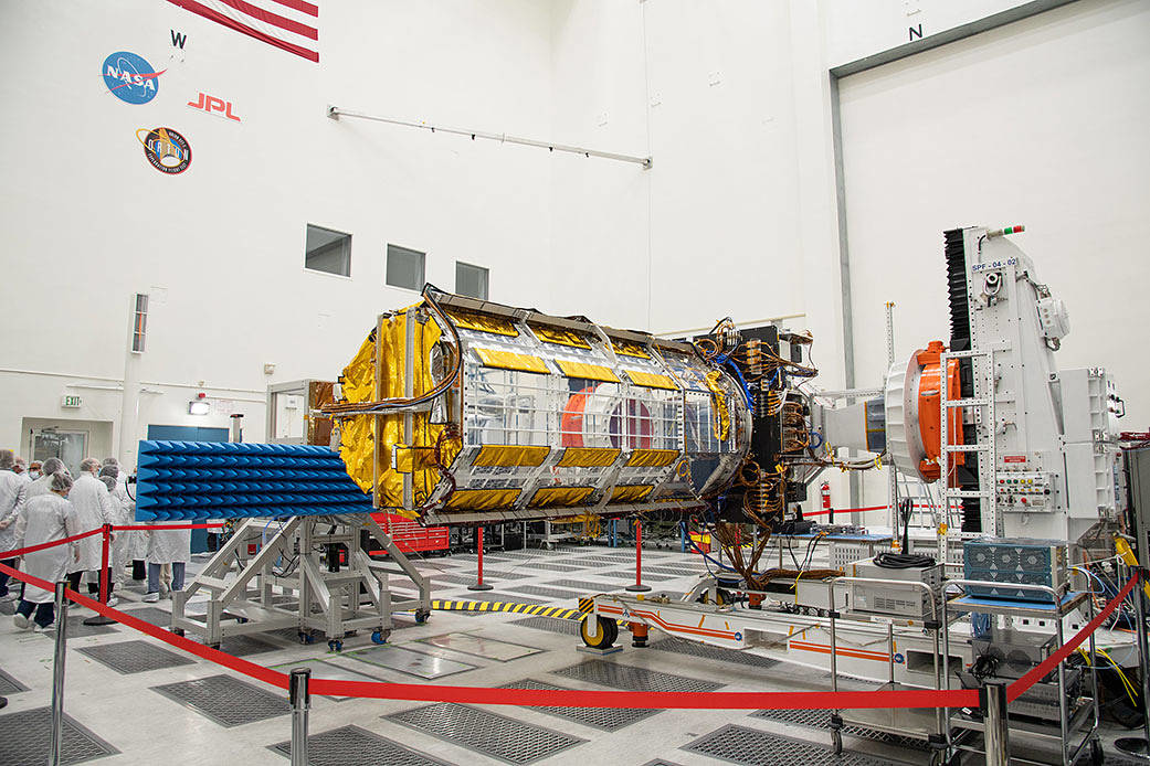 Officials from NASA, the Indian Space Research Organisation (ISRO), and the Indian Embassy visit a clean room at NASA's Jet Propulsion Laboratory on Feb. 3, 2023, to view the scientific instrument payload for the NASA-ISRO Synthetic Aperture Radar (NISAR) mission. NASA image.