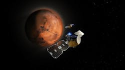Illustration of the ESCAPADE spacecraft in orbit around Mars. Rocket Lab USA/UC Berkeley image.
