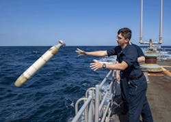 Woods Hole will develop swarming algorithms for testing aboard the MK 39 unmanned underwater vehicle, shown above. Woods Hole will develop swarming algorithms for testing aboard the MK 39 unmanned underwater vehicle, shown above.