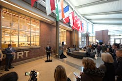 Purdue University President Mung Chiang discusses the collaboration with industry partners Ericsson and Saab during the announcement Monday (March 20) at the Niswonger Aviation Technology Building at Purdue Airport. Purdue University President Mung Chiang discusses the collaboration with industry partners Ericsson and Saab during the announcement Monday (March 20) at the Niswonger Aviation Technology Building at Purdue Airport.