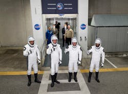 Cut: Roscosmos cosmonaut Andrey Fedyaev, left, NASA astronaut Warren “Woody' Hoburg, second from left, NASA astronaut Stephen Bowen, second from right, and UAE (United Arab Emirates) astronaut Sultan Alneyadi, right, wearing SpaceX spacesuits, are seen as they prepare to depart the Neil A. Armstrong Operations and Checkout Building for Launch Complex 39A to board the SpaceX Dragon spacecraft for the Crew-6 mission launch, Wednesday, March 1, 2023, at NASA’s Kennedy Space Center in Florida. Photo by NASA/Joel Kowsky. Cut: Roscosmos cosmonaut Andrey Fedyaev, left, NASA astronaut Warren “Woody' Hoburg, second from left, NASA astronaut Stephen Bowen, second from right, and UAE (United Arab Emirates) astronaut Sultan Alneyadi, right, wearing SpaceX spacesuits, are seen as they prepare to depart the Neil A. Armstrong Operations and Checkout Building for Launch Complex 39A to board the SpaceX Dragon spacecraft for the Crew-6 mission launch, Wednesday, March 1, 2023, at NASA’s Kennedy Space Center in Florida. Photo by NASA/Joel Kowsky.