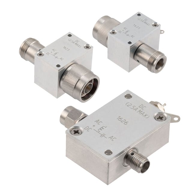 Earlier this year, Fairview Microwave in Irvine, Calif., introduced a new series of bias tees, which cover a wide range of frequencies from 12 KHz to 40 GHz, offer high port isolation of 30 dB typical and are engineered with high DC current and voltage handling up to 7 amps and 100 volts.