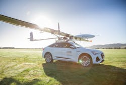 Kea Aerospace's Atmos Mk. 1 atop the Audi e-tron electric vehicle used as its launch platform. Kea Aerospace's Atmos Mk. 1 atop the Audi e-tron electric vehicle used as its launch platform.