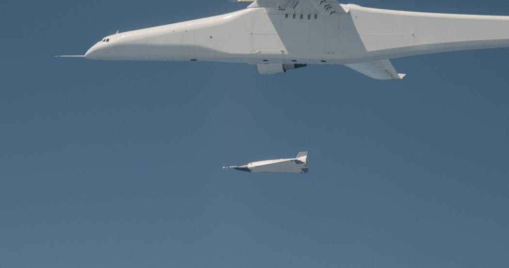Stratolaunch successfully releases the Talon-0 (TA-0) separation test vehicle from its Roc air launch platform on May 13, 2023. Credit: Stratolaunch / Christian Turner.