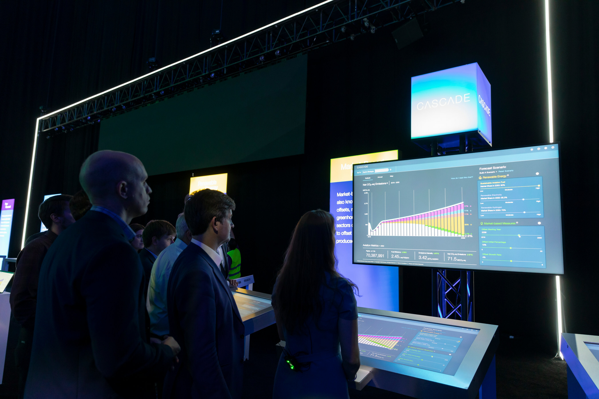 Members of the new Cascade User Community attend a demo of the data modeling tool. Boeing publicly launched Cascade today in support of aviation&rsquo;s net zero goal. Photo credit: Boeing.