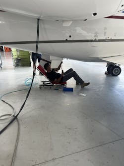 Reliable Jet Maintenance of Boca Raton, FL, completed the first-ever install of SmartSky&apos;s LITE inflight connectivity system on a customer aircraft, a Bombardier Lear 60. SmartSky image.