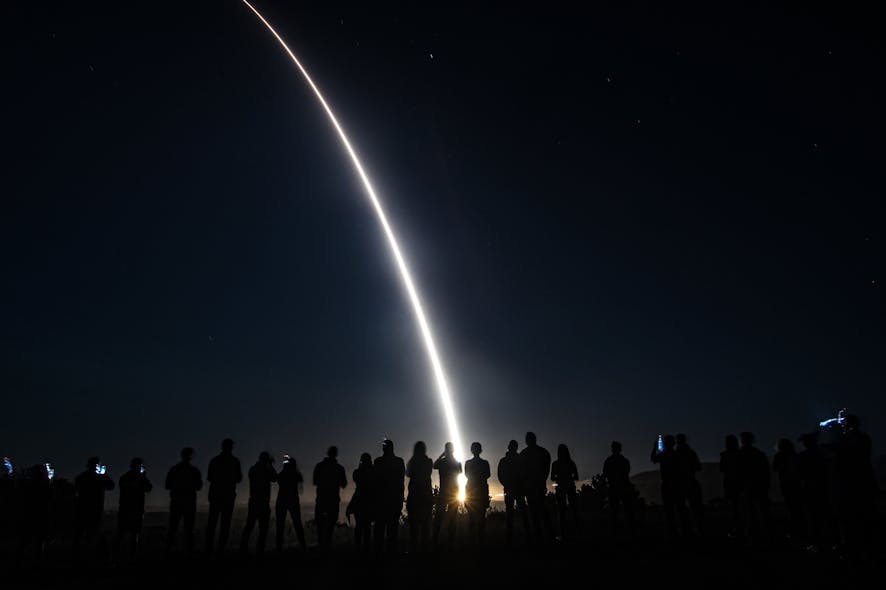 A U.S. Air Force Global Strike Command unarmed Minuteman III intercontinental ballistic missile launches during a test last year at Vandenberg Space Force Base, Calif.