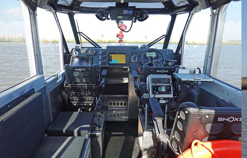 Metal Shark&apos;s Sharktech 29 Defiant boat has been converted to aunmanned surface vessel ) via the use of Sea Machines&apos; SM300 autonomous command and remote-helm control technology.