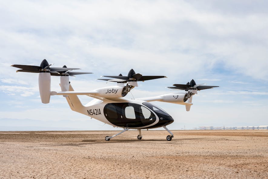 Joby Aviation&apos;s electric vertical takeoff and landing (eVTOL) aircraft is pictured at Edwards Air Force Base in Edwards, California. Joby announced the delivery of this aircraft to their customer, the U.S. Air Force AFWERX Agility Prime program, on Sept. 25. NASA has an interagency agreement with AFWERX to use the aircraft to evaluate how this kind of vehicle could be integrated into our skies for everyday use. Credits: Joby Aviation