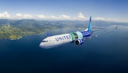 Boeing is partnering with NASA and United Airlines for in-flight testing to measure how sustainable aviation fuel (SAF) affects contrails and non-carbon emissions, in addition to reducing the fuel&rsquo;s life cycle climate impact. Shown here, Boeing&rsquo;s second ecoDemonstrator Explorer, a 737-10 destined for United Airlines with LEAP-1B engines, will fly with 100% SAF and conventional jet fuel in separate tanks and alternate fuels during testing. Boeing image.