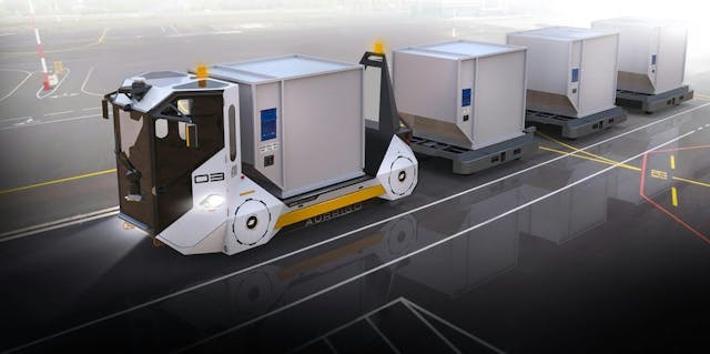 Aurrigo Auto-DollyTug and three trailers demonstrate the ability to carry four ULD (standard luggage/cargo containers) in a shorter train length.