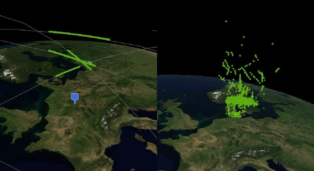 Selected measurement results from the GESTRA function demonstration. Left: in search mode, more than 200 objects per hour were detected. Right: in tracking mode, objects can be specifically tracked along their path. Image courtesy Fraunhofer FHR.
