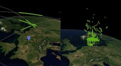 Selected measurement results from the GESTRA function demonstration. Left: in search mode, more than 200 objects per hour were detected. Right: in tracking mode, objects can be specifically tracked along their path. Image courtesy Fraunhofer FHR. Selected measurement results from the GESTRA function demonstration. Left: in search mode, more than 200 objects per hour were detected. Right: in tracking mode, objects can be specifically tracked along their path. Image courtesy Fraunhofer FHR.