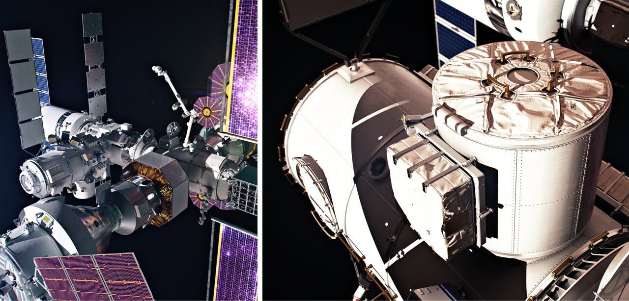 NASA and the Mohammed Bin Rashid Space Centre (MBRSC) have entered into an agreement for MBRSC to provide the Crew and Science Airlock module for the Gateway Space Station. As part of the agreement, NASA will fly a United Arab Emirates astronaut to Gateway on a future Artemis mission. Pictured is an artist&rsquo;s concept of Gateway (left) and an artist&rsquo;s concept of a government reference airlock (right). NASA image.