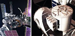 NASA and the Mohammed Bin Rashid Space Centre (MBRSC) have entered into an agreement for MBRSC to provide the Crew and Science Airlock module for the Gateway Space Station. As part of the agreement, NASA will fly a United Arab Emirates astronaut to Gateway on a future Artemis mission. Pictured is an artist&rsquo;s concept of Gateway (left) and an artist&rsquo;s concept of a government reference airlock (right). NASA image.