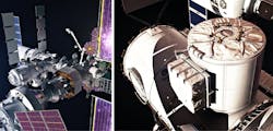 NASA and the Mohammed Bin Rashid Space Centre (MBRSC) have entered into an agreement for MBRSC to provide the Crew and Science Airlock module for the Gateway Space Station. As part of the agreement, NASA will fly a United Arab Emirates astronaut to Gateway on a future Artemis mission. Pictured is an artist’s concept of Gateway (left) and an artist’s concept of a government reference airlock (right). NASA image. NASA and the Mohammed Bin Rashid Space Centre (MBRSC) have entered into an agreement for MBRSC to provide the Crew and Science Airlock module for the Gateway Space Station. As part of the agreement, NASA will fly a United Arab Emirates astronaut to Gateway on a future Artemis mission. Pictured is an artist’s concept of Gateway (left) and an artist’s concept of a government reference airlock (right). NASA image.