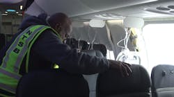 An NTSB inspector looks over the Alaska Airlines Boeing 737 Max 9 aircraft. NTSB image. An NTSB inspector looks over the Alaska Airlines Boeing 737 Max 9 aircraft. NTSB image.