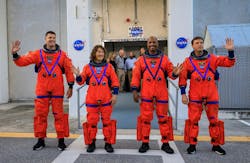 Artemis II crew members (from left) CSA (Canadian Space Agency) astronaut Jeremy Hansen, and NASA astronauts Christina Koch, Victor Glover, and Reid Wiseman walk out of Astronaut Crew Quarters inside the Neil Armstrong Operations and Checkout Building to the Artemis crew transportation vehicles prior to traveling to Launch Pad 39B as part of an integrated ground systems test at Kennedy Space Center in Florida on Wednesday, Sept. 20, to test the crew timeline for launch day. NASA photo. Artemis II crew members (from left) CSA (Canadian Space Agency) astronaut Jeremy Hansen, and NASA astronauts Christina Koch, Victor Glover, and Reid Wiseman walk out of Astronaut Crew Quarters inside the Neil Armstrong Operations and Checkout Building to the Artemis crew transportation vehicles prior to traveling to Launch Pad 39B as part of an integrated ground systems test at Kennedy Space Center in Florida on Wednesday, Sept. 20, to test the crew timeline for launch day. NASA photo.