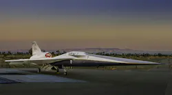 NASA’s X-59 quiet supersonic research aircraft sits on the apron outside Lockheed Martin’s Skunk Works facility at dawn in Palmdale, California. The X-59 is the centerpiece of NASA’s Quesst mission, which seeks to address one of the primary challenges to supersonic flight over land by making sonic booms quieter. Lockheed Martin Skunk Works photo.