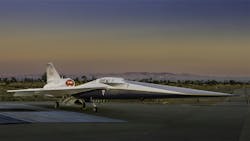 NASA’s X-59 quiet supersonic research aircraft sits on the apron outside Lockheed Martin’s Skunk Works facility at dawn in Palmdale, California. The X-59 is the centerpiece of NASA’s Quesst mission, which seeks to address one of the primary challenges to supersonic flight over land by making sonic booms quieter. Lockheed Martin Skunk Works photo. NASA’s X-59 quiet supersonic research aircraft sits on the apron outside Lockheed Martin’s Skunk Works facility at dawn in Palmdale, California. The X-59 is the centerpiece of NASA’s Quesst mission, which seeks to address one of the primary challenges to supersonic flight over land by making sonic booms quieter. Lockheed Martin Skunk Works photo.