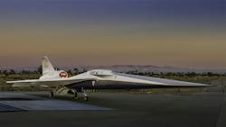 NASA&rsquo;s X-59 quiet supersonic research aircraft sits on the apron outside Lockheed Martin&rsquo;s Skunk Works facility at dawn in Palmdale, California. The X-59 is the centerpiece of NASA&rsquo;s Quesst mission, which seeks to address one of the primary challenges to supersonic flight over land by making sonic booms quieter. Lockheed Martin Skunk Works photo.