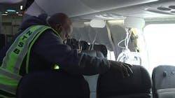 An NTSB inspector looks over the Alaska Airlines Boeing 737 Max 9 aircraft. NTSB image. An NTSB inspector looks over the Alaska Airlines Boeing 737 Max 9 aircraft. NTSB image.
