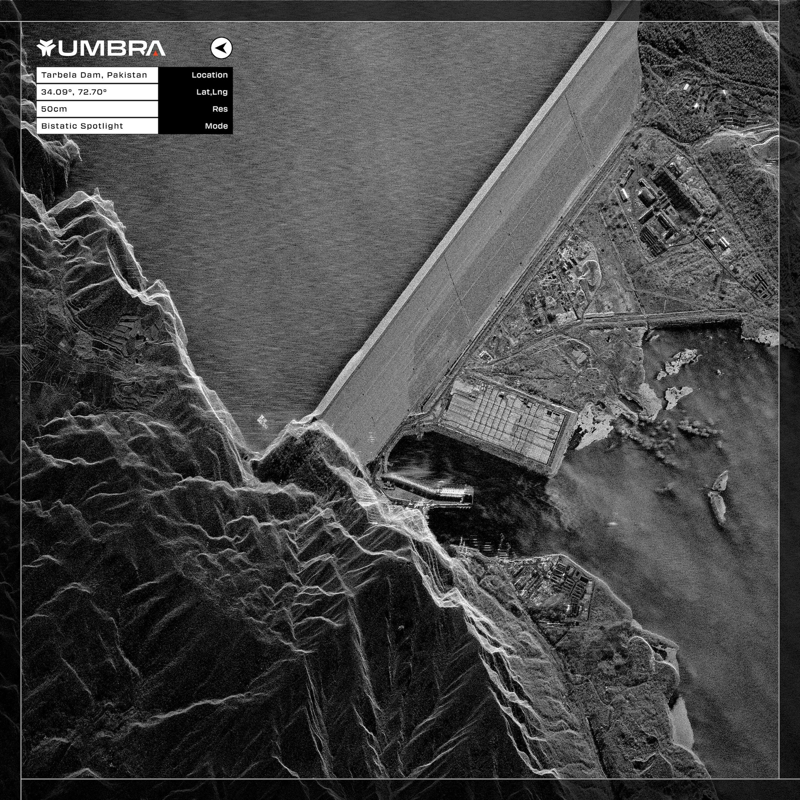 Umbra's bistatic image of Tarbela Dam, Pakistan.