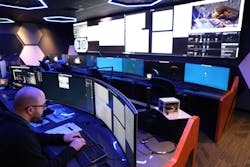 Evan Anzalone, at lower left, principal investigator for the Lunar Node-1 demonstrator payload, monitors the LN-1 mission from the Lunar Utilization Control Area in the Huntsville Operations Support Center at NASA&rsquo;s Marshall Space Flight Center in Huntsville, Alabama. LN-1 successfully tested an autonomous navigation and geo-positioning system that will make Artemis-era lunar explorers safer as they work to establish a permanent human presence on the lunar surface. NASA photo.