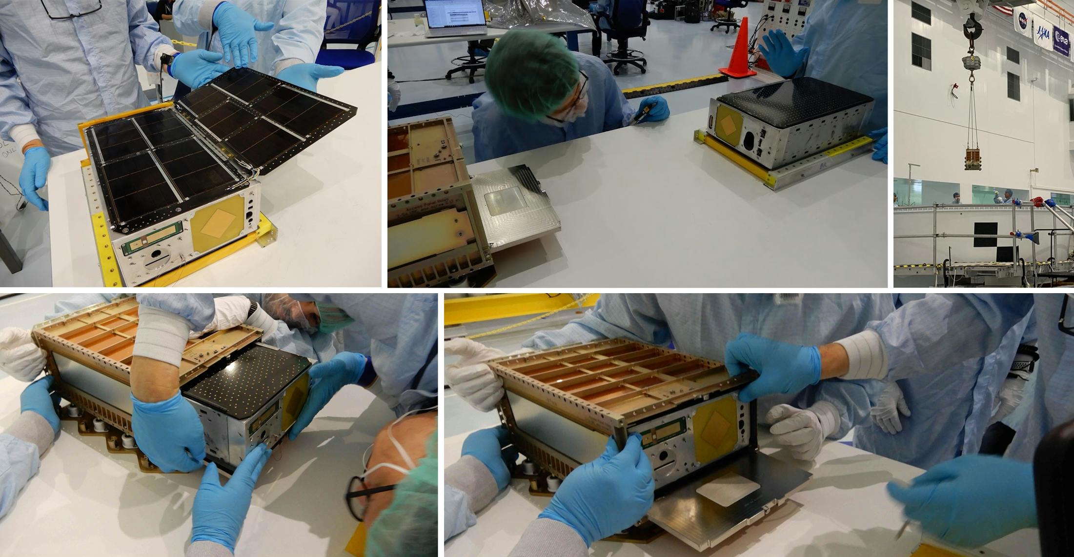Team Miles integrates their CubeSat into a dispenser for the Orion stage adapter. The Orion stage adapter connects the SLS rocket to Orion and had slots built into it for the payloads. NASA/KSC photo collage.