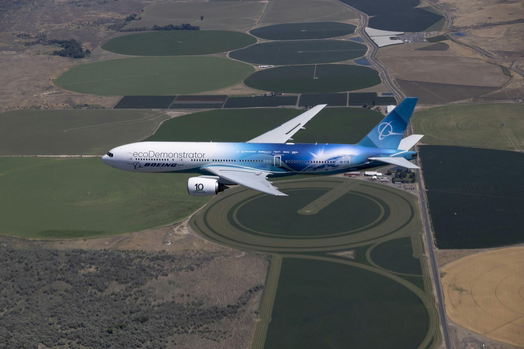 The Boeing ecoDemonstrator will test 36 technologies in the third year of testing on a 777-200ER (Extended Range). Boeing photo.