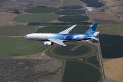 The Boeing ecoDemonstrator will test 36 technologies in the third year of testing on a 777-200ER (Extended Range). Boeing photo. The Boeing ecoDemonstrator will test 36 technologies in the third year of testing on a 777-200ER (Extended Range). Boeing photo.