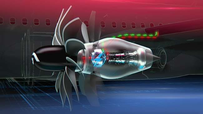 This artist concept shows a NASA-developed small-core jet engine installed in General Electric Aerospace’s CFM RISE jet engine design. The more fuel-efficient small core powers a large open turbofan, which also helps increase efficiency. The effort is part of NASA’s Sustainable Flight National Partnership to help inform the next generation of ultra-efficient airliners. GE Aerospace image.
